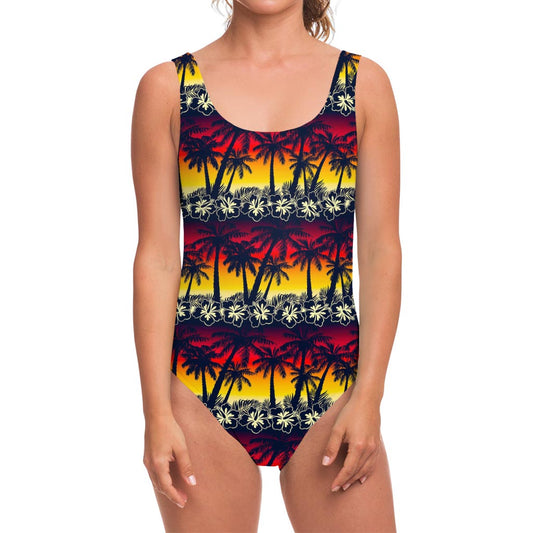 Sunset Hibiscus Palm Tree Pattern Print One Piece Swimsuit