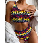 Sunset Hibiscus Palm Tree Pattern Print One Shoulder Bikini Top