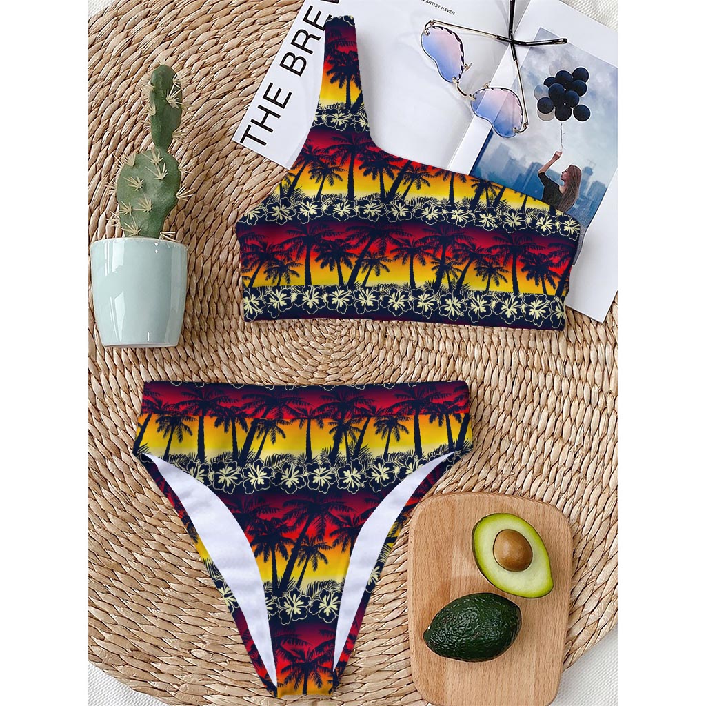 Sunset Hibiscus Palm Tree Pattern Print One Shoulder Bikini Top