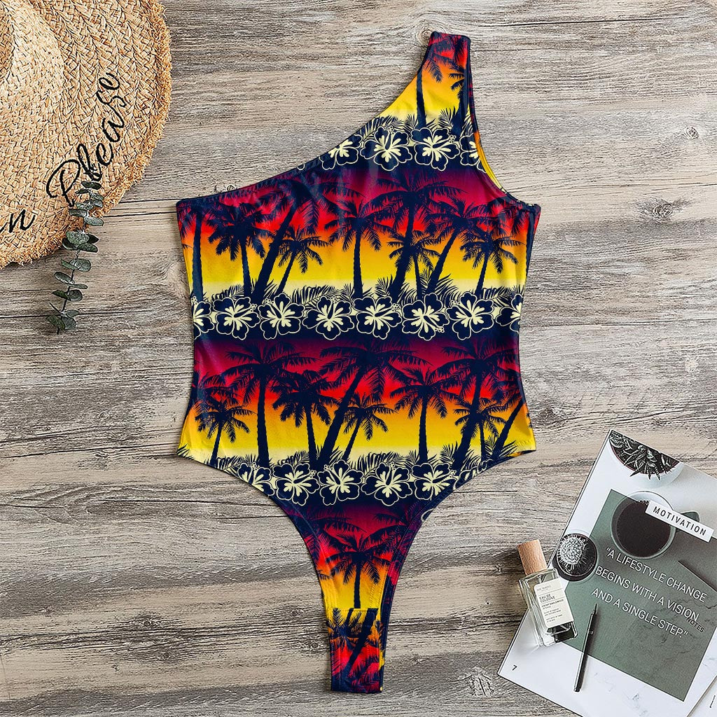 Sunset Hibiscus Palm Tree Pattern Print One Shoulder Bodysuit