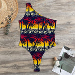 Sunset Hibiscus Palm Tree Pattern Print One Shoulder Bodysuit