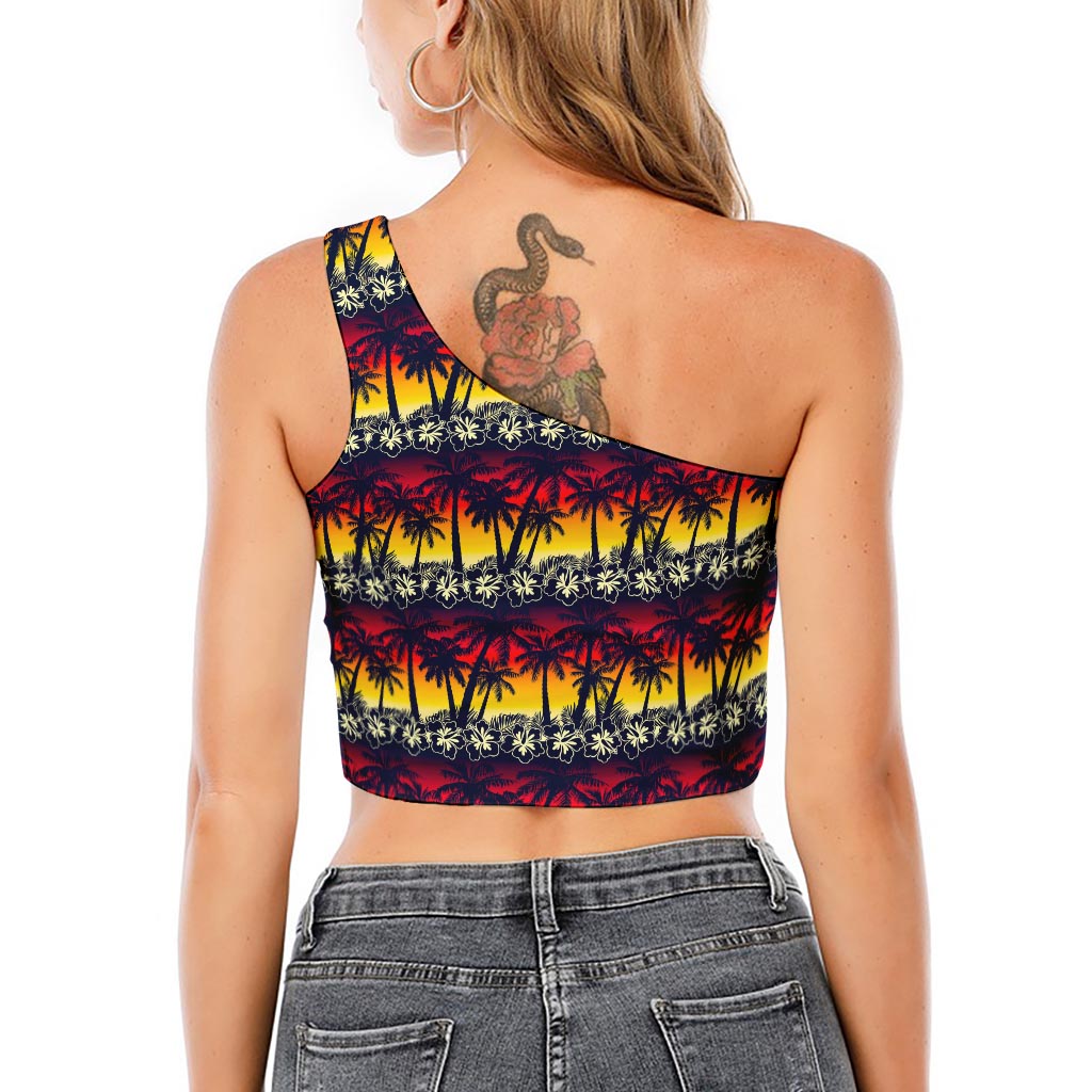 Sunset Hibiscus Palm Tree Pattern Print One Shoulder Crop Top