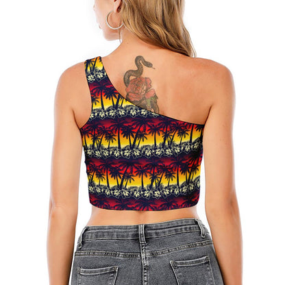 Sunset Hibiscus Palm Tree Pattern Print One Shoulder Crop Top