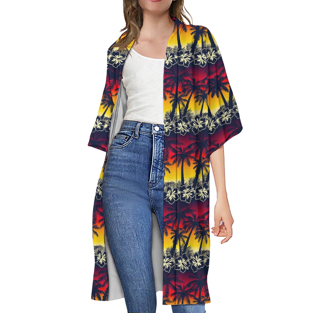 Sunset Hibiscus Palm Tree Pattern Print Open Front Beach Cover Up