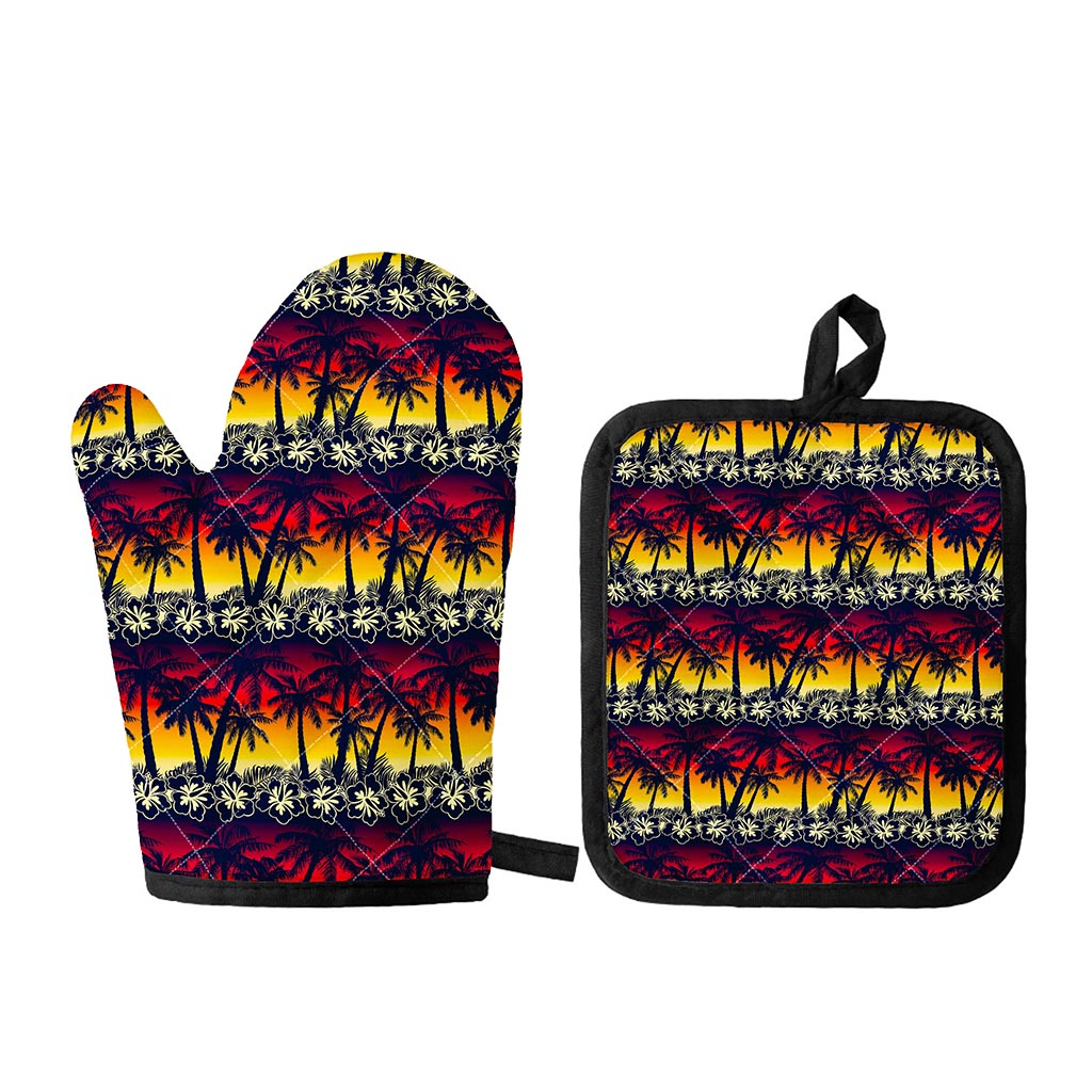 Sunset Hibiscus Palm Tree Pattern Print Oven Mitt And Pot Holder Set