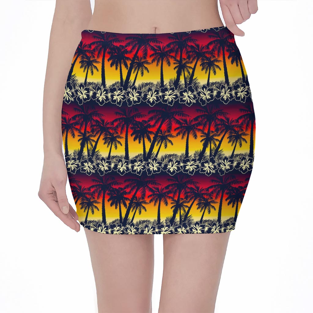 Sunset Hibiscus Palm Tree Pattern Print Pencil Mini Skirt