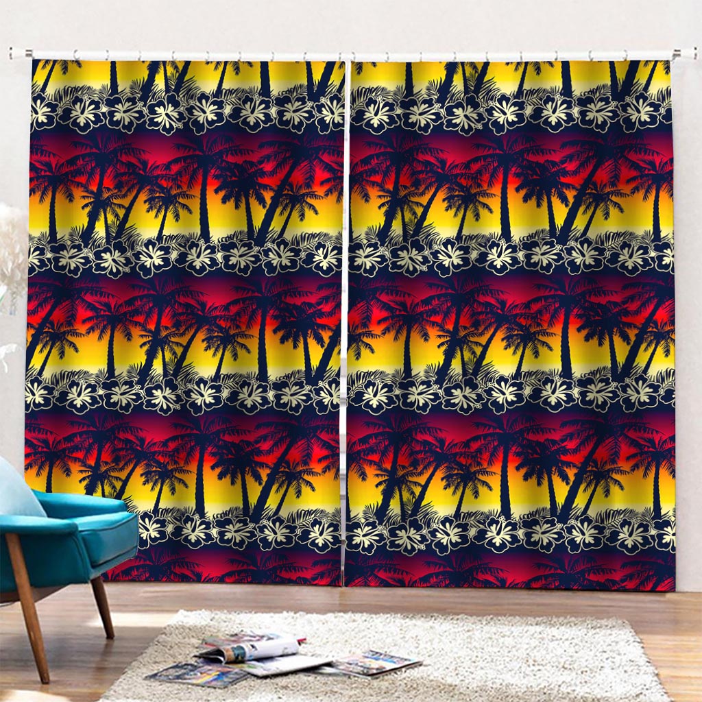 Sunset Hibiscus Palm Tree Pattern Print Pencil Pleat Curtains