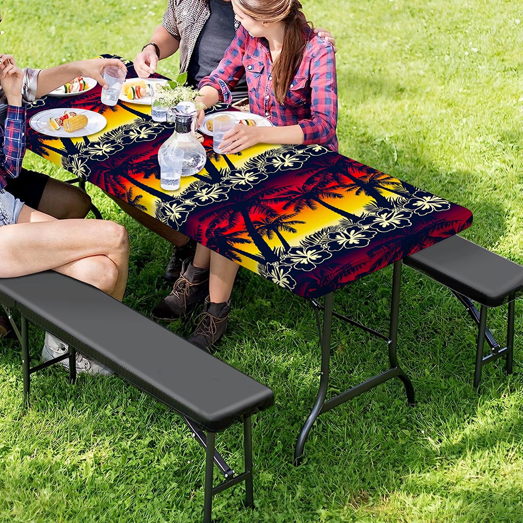 Sunset Hibiscus Palm Tree Pattern Print Picnic Table Cover