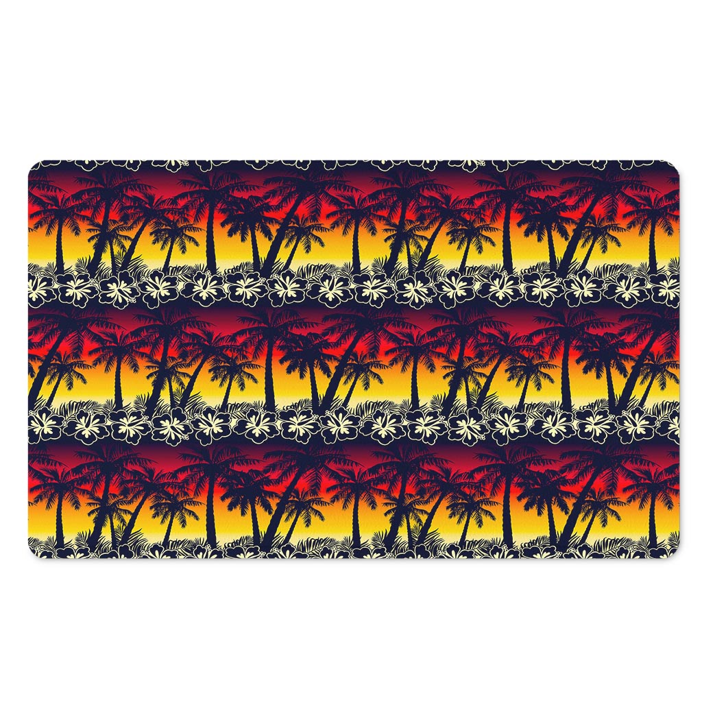 Sunset Hibiscus Palm Tree Pattern Print Polyester Doormat