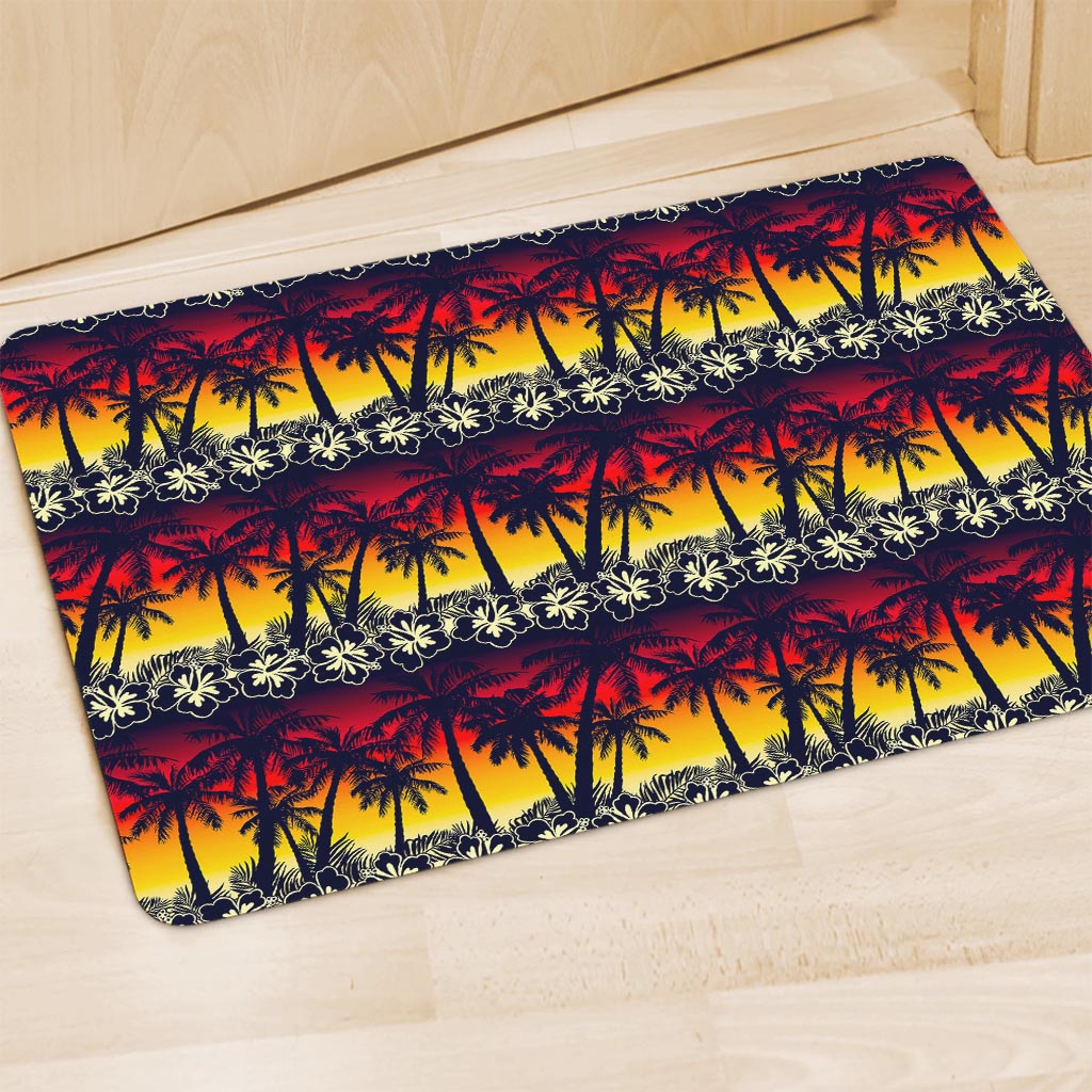 Sunset Hibiscus Palm Tree Pattern Print Polyester Doormat