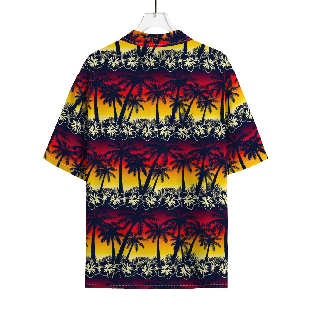 Sunset Hibiscus Palm Tree Pattern Print Rayon Hawaiian Shirt