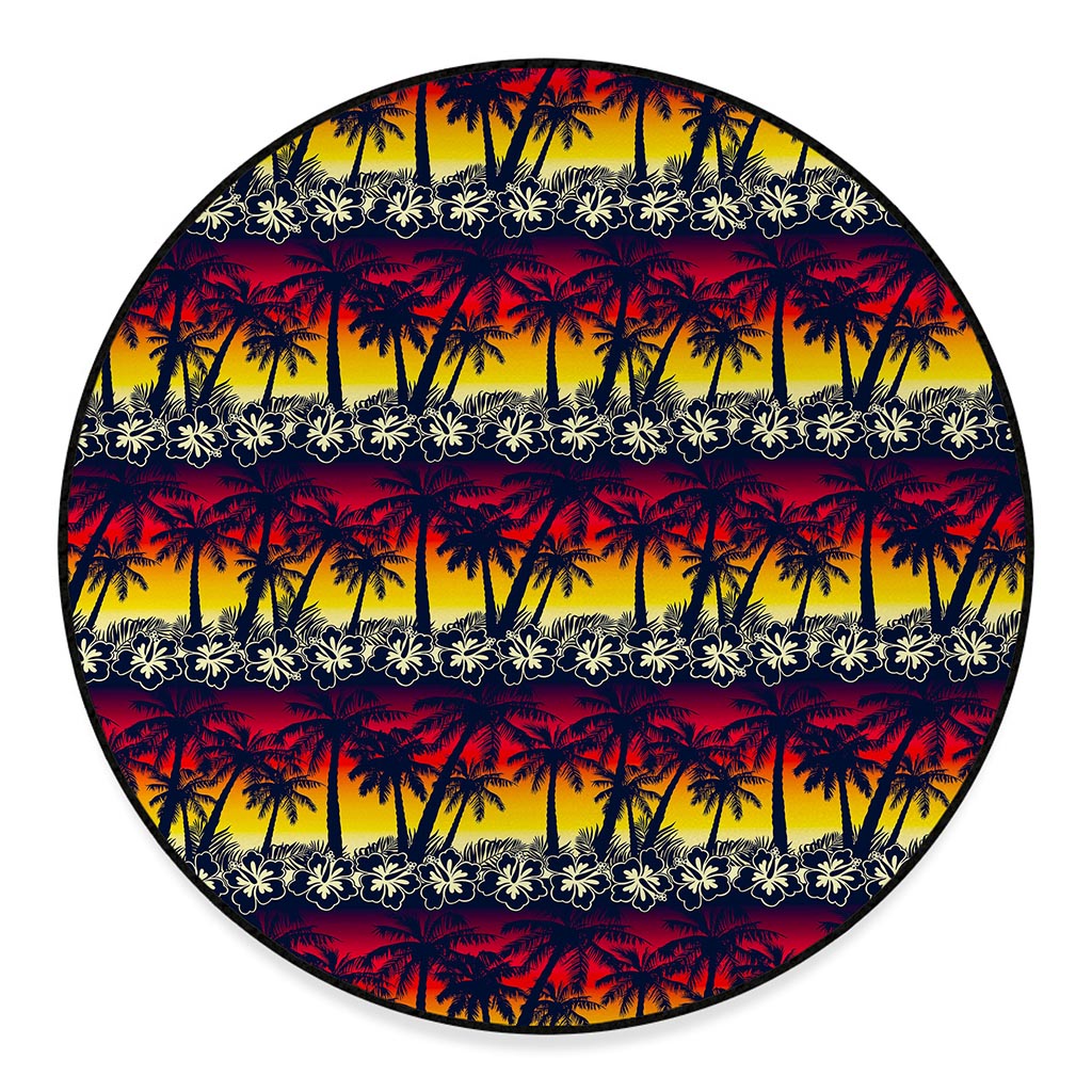 Sunset Hibiscus Palm Tree Pattern Print Round Floor Mat