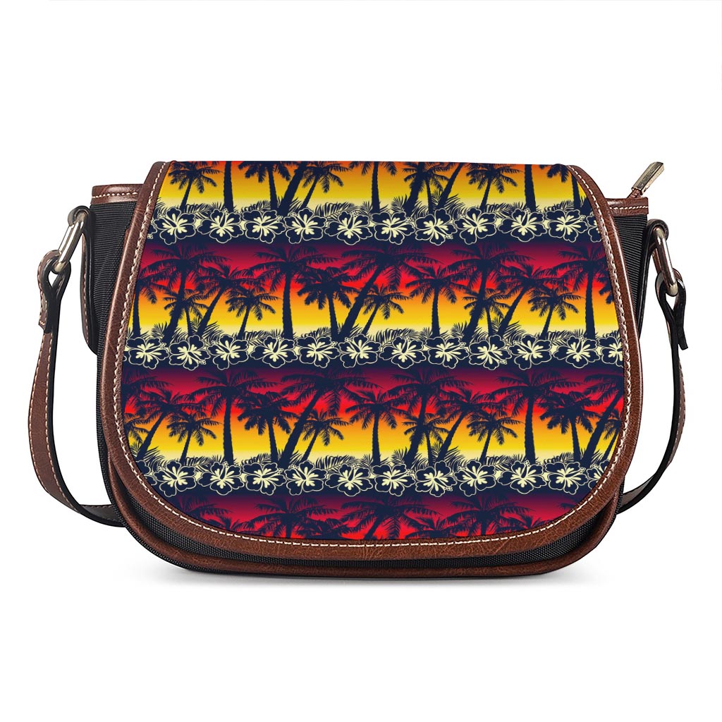 Sunset Hibiscus Palm Tree Pattern Print Saddle Bag