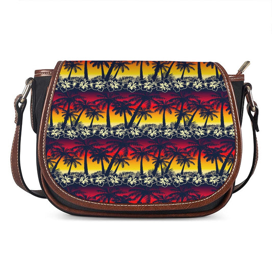 Sunset Hibiscus Palm Tree Pattern Print Saddle Bag