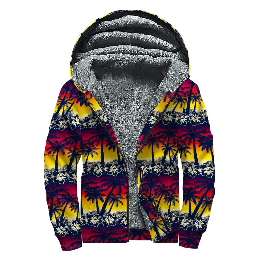 Sunset Hibiscus Palm Tree Pattern Print Sherpa Lined Zip Up Hoodie