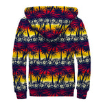 Sunset Hibiscus Palm Tree Pattern Print Sherpa Lined Zip Up Hoodie