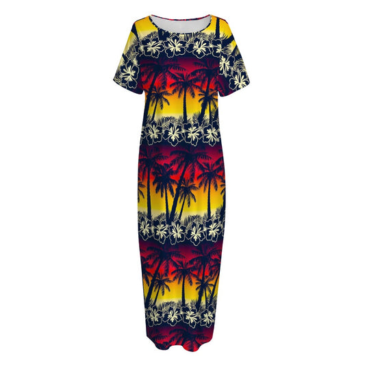 Sunset Hibiscus Palm Tree Pattern Print Short Sleeve Long Nightdress