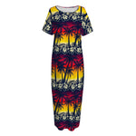 Sunset Hibiscus Palm Tree Pattern Print Short Sleeve Long Nightdress