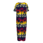 Sunset Hibiscus Palm Tree Pattern Print Short Sleeve Long Nightdress