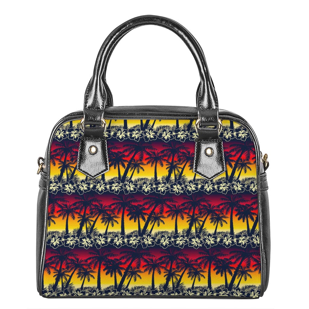 Sunset Hibiscus Palm Tree Pattern Print Shoulder Handbag
