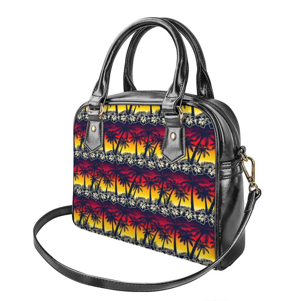 Sunset Hibiscus Palm Tree Pattern Print Shoulder Handbag