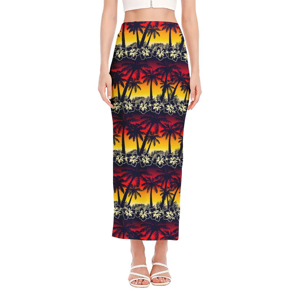 Sunset Hibiscus Palm Tree Pattern Print Side Slit Maxi Skirt