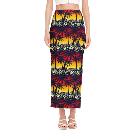 Sunset Hibiscus Palm Tree Pattern Print Side Slit Maxi Skirt