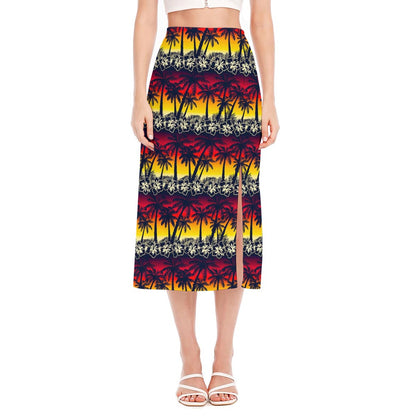Sunset Hibiscus Palm Tree Pattern Print Side Slit Midi Skirt