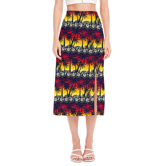 Sunset Hibiscus Palm Tree Pattern Print Side Slit Midi Skirt