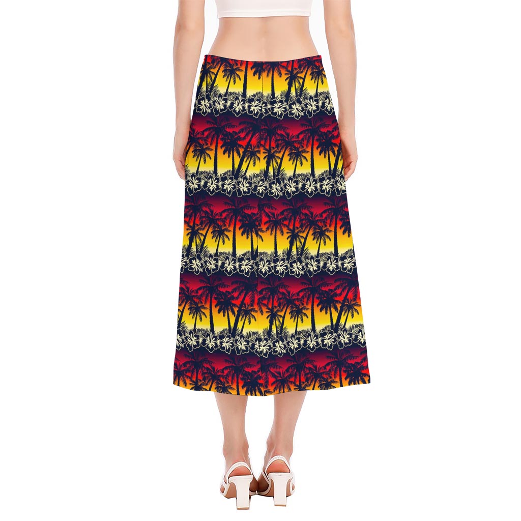 Sunset Hibiscus Palm Tree Pattern Print Side Slit Midi Skirt