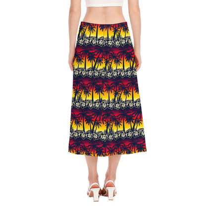 Sunset Hibiscus Palm Tree Pattern Print Side Slit Midi Skirt