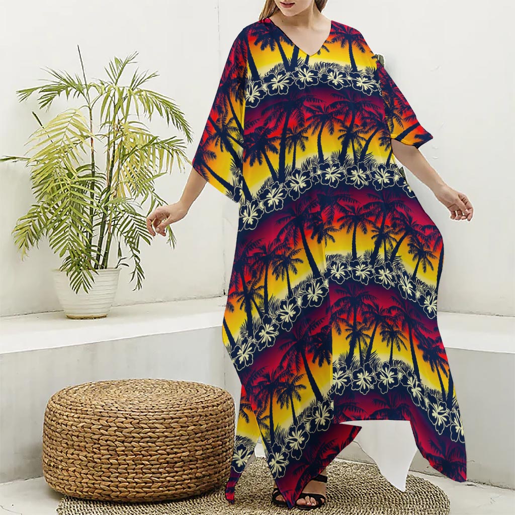Sunset Hibiscus Palm Tree Pattern Print Silk V-Neck Kaftan Dress