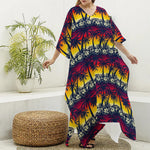 Sunset Hibiscus Palm Tree Pattern Print Silk V-Neck Kaftan Dress