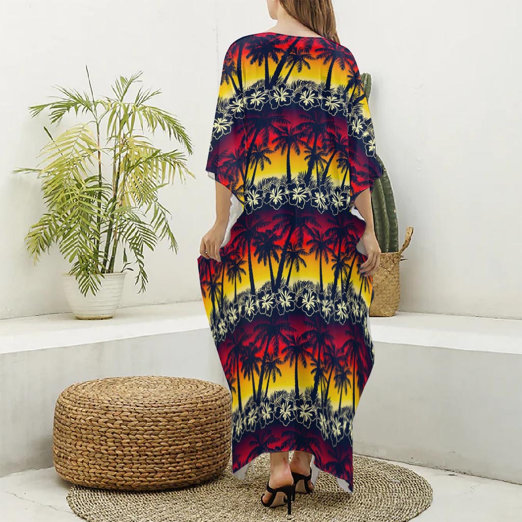 Sunset Hibiscus Palm Tree Pattern Print Silk V-Neck Kaftan Dress