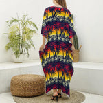 Sunset Hibiscus Palm Tree Pattern Print Silk V-Neck Kaftan Dress