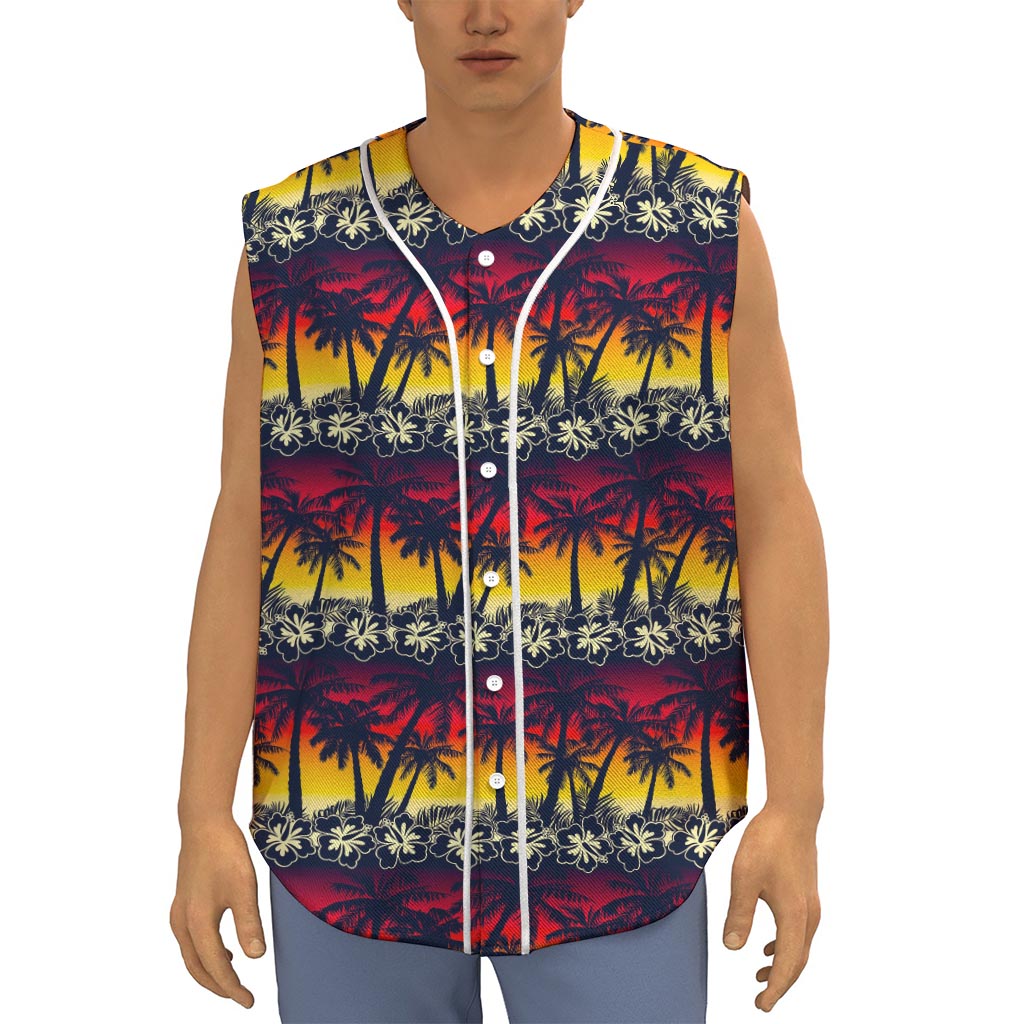 Sunset Hibiscus Palm Tree Pattern Print Sleeveless Baseball Jersey