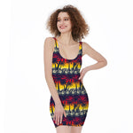 Sunset Hibiscus Palm Tree Pattern Print Sleeveless Bodycon Dress