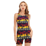 Sunset Hibiscus Palm Tree Pattern Print Sleeveless One Piece Swimsuit