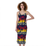 Sunset Hibiscus Palm Tree Pattern Print Slim Fit Midi Cami Dress