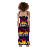 Sunset Hibiscus Palm Tree Pattern Print Slim Fit Midi Cami Dress