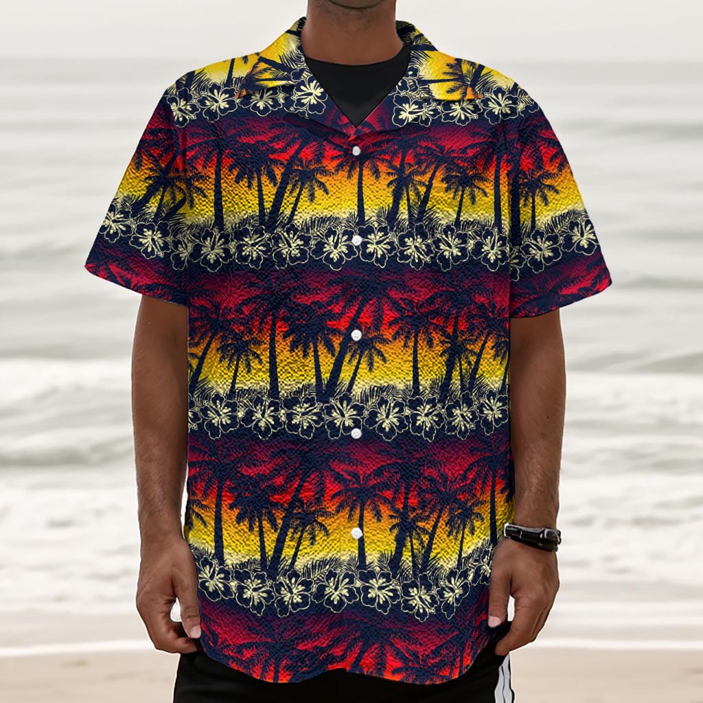 Sunset Hibiscus Palm Tree Pattern Print Textured Short Sleeve Shirt