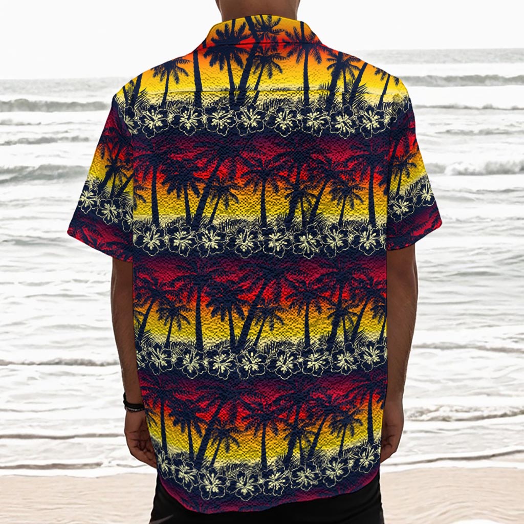 Sunset Hibiscus Palm Tree Pattern Print Textured Short Sleeve Shirt