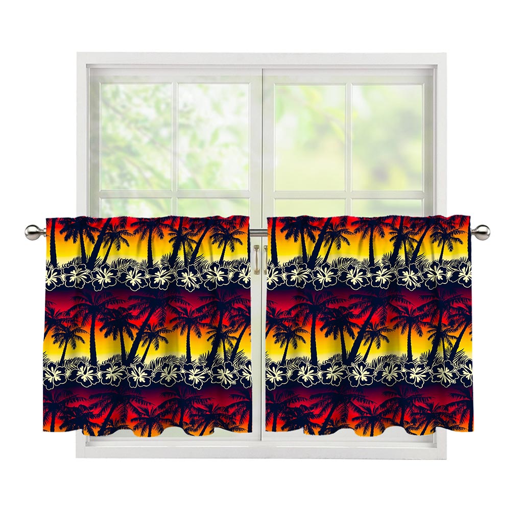 Sunset Hibiscus Palm Tree Pattern Print Tier Curtains