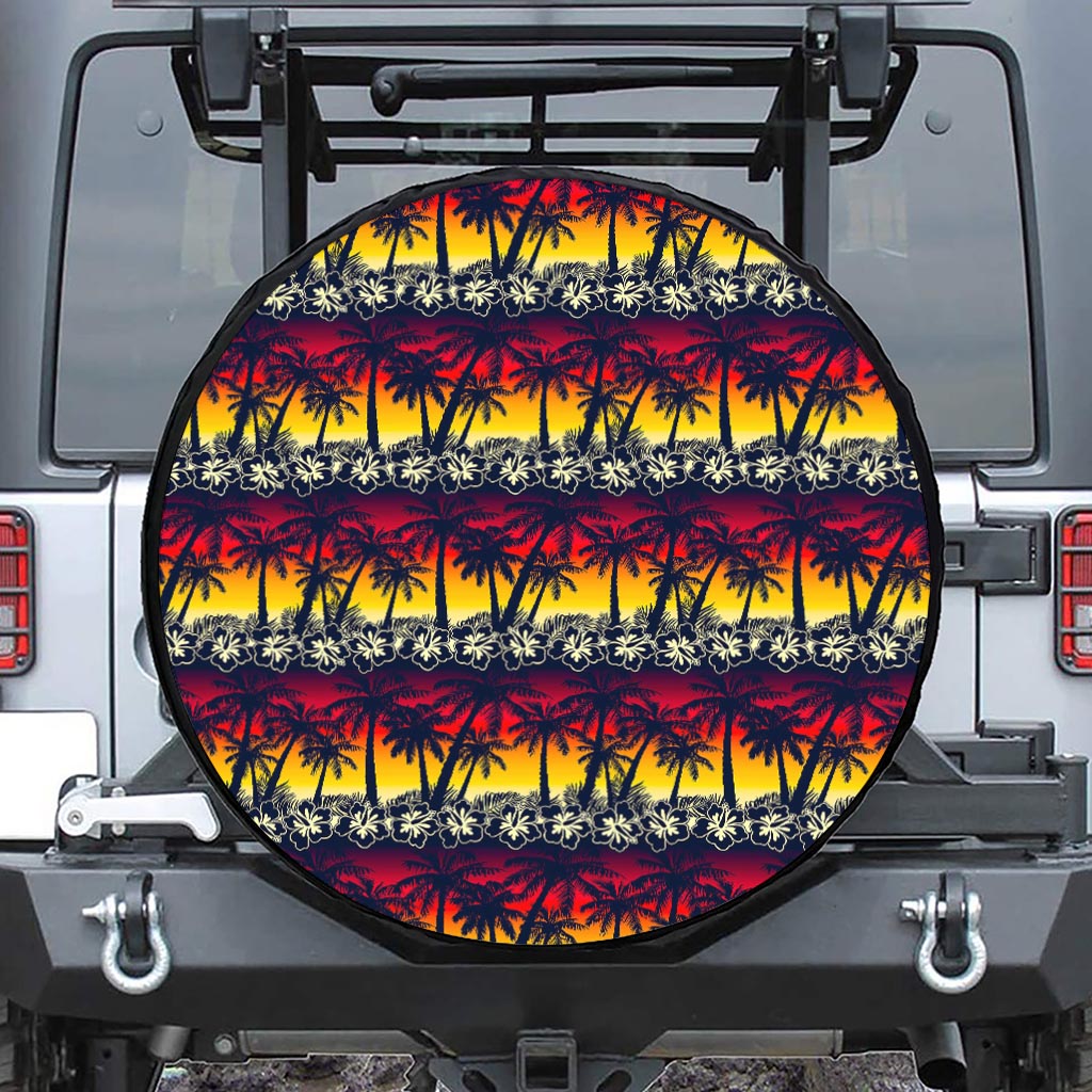 Sunset Hibiscus Palm Tree Pattern Print Tire Cover