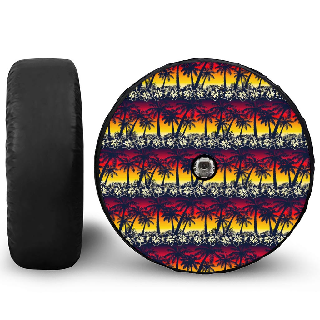 Sunset Hibiscus Palm Tree Pattern Print Tire Cover With Camera Hole