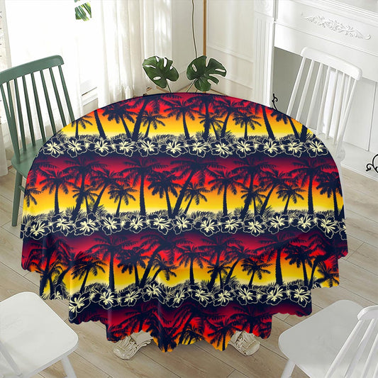 Sunset Hibiscus Palm Tree Pattern Print Waterproof Round Tablecloth