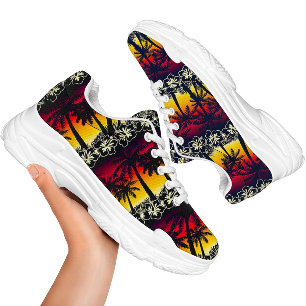 Sunset Hibiscus Palm Tree Pattern Print White Chunky Shoes