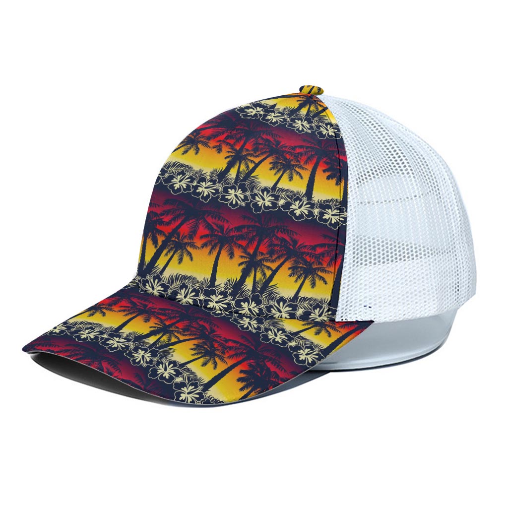 Sunset Hibiscus Palm Tree Pattern Print White Mesh Trucker Cap