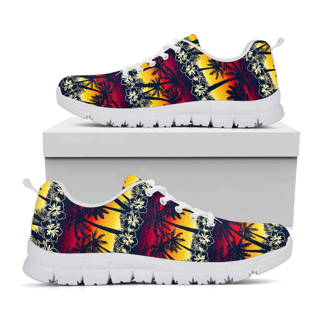 Sunset Hibiscus Palm Tree Pattern Print White Running Shoes