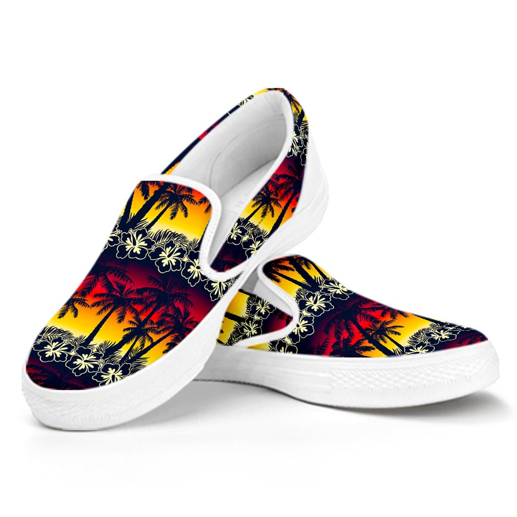 Sunset Hibiscus Palm Tree Pattern Print White Slip On Sneakers